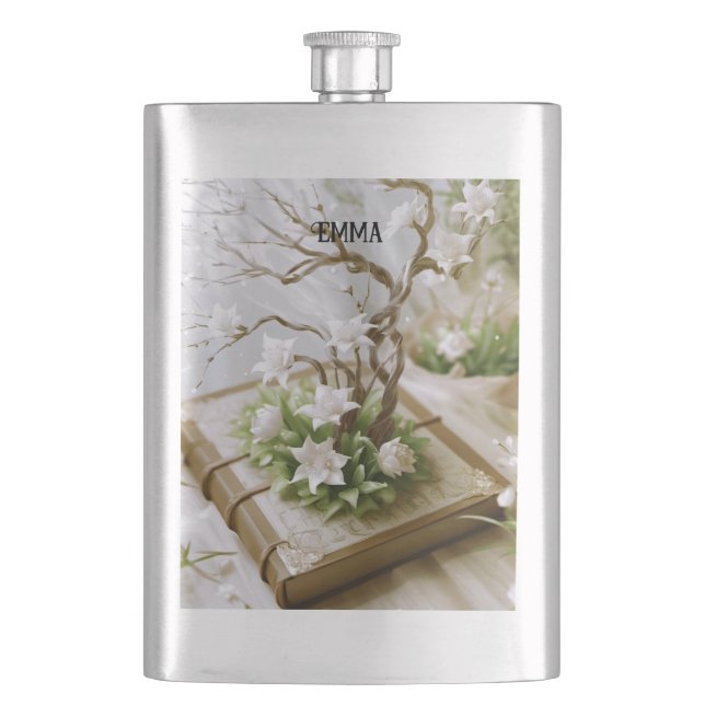 Flowering Tree Growing From a Book Custom Name Hip Flask (Front)