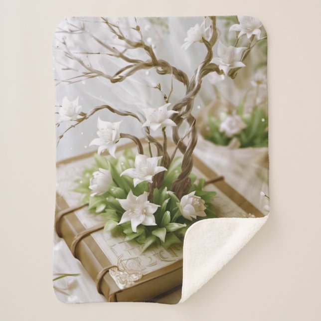 Flowering Tree Growing From a Book Sherpa Blanket (Front)