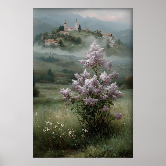 Flowering Tree Lilac Print, Antique Spring Field Poster (Front)
