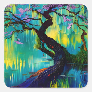 flowering tree over water square sticker
