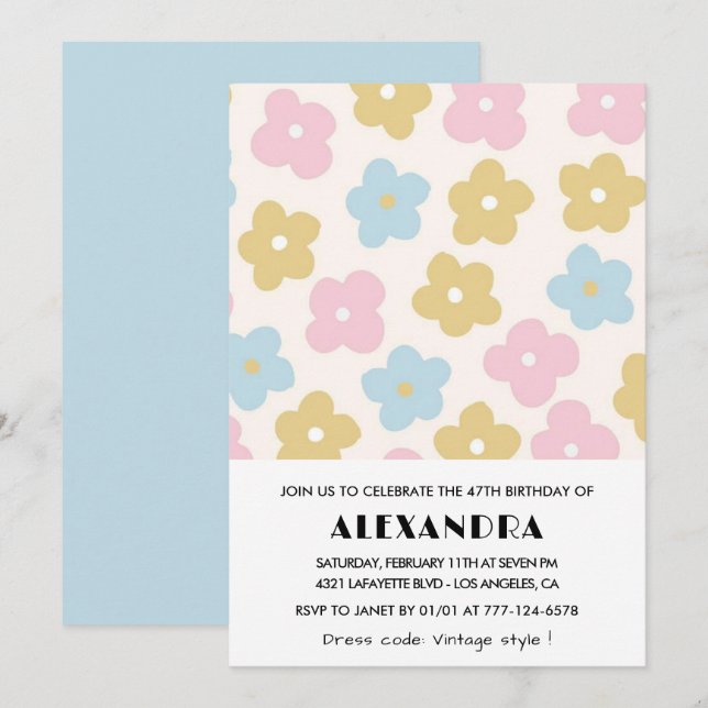 Flowers 47th birthday invitations Retro Blue Pink  (Front/Back)