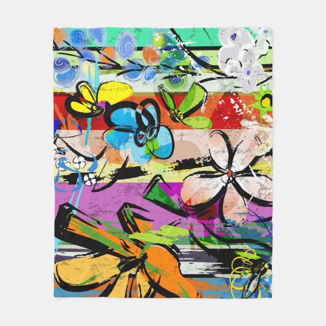 Flowers Abstract, Geometric Lines Composition. Fleece Blanket (Front)