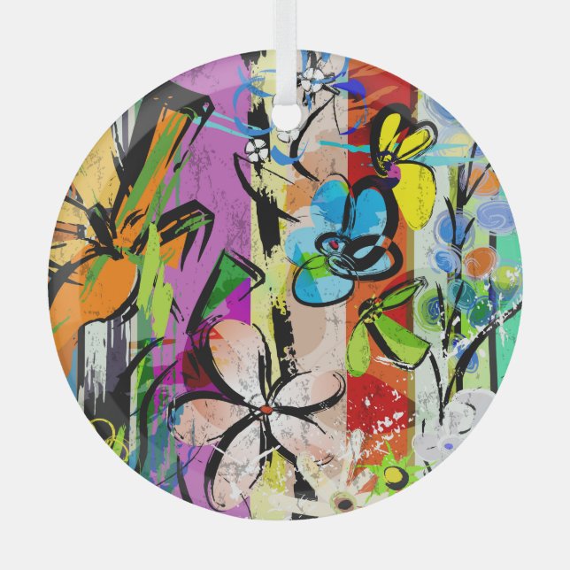 Flowers Abstract, Geometric Lines Composition. Glass Tree Decoration (Front)