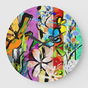 Flowers Abstract, Geometric Lines Composition. Large Clock