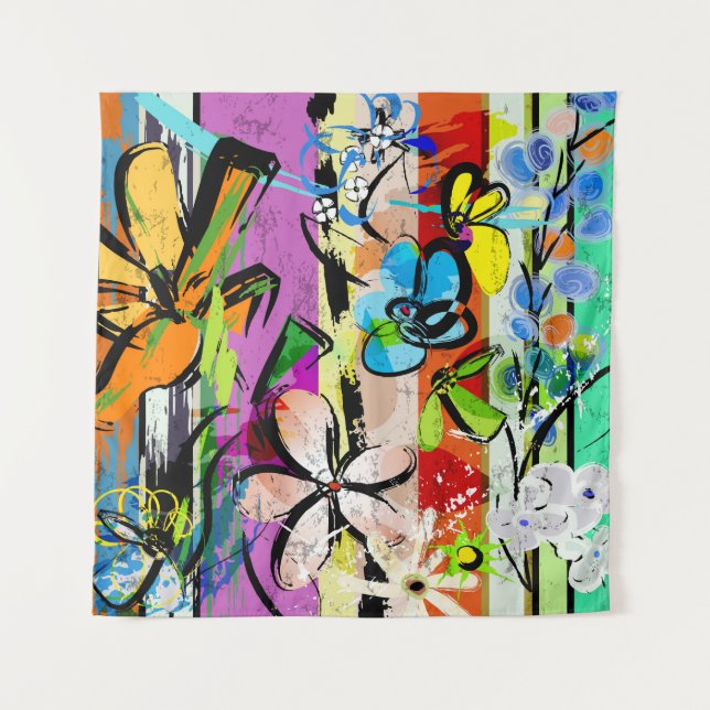 Flowers Abstract, Geometric Lines Composition. Tapestry (Front)