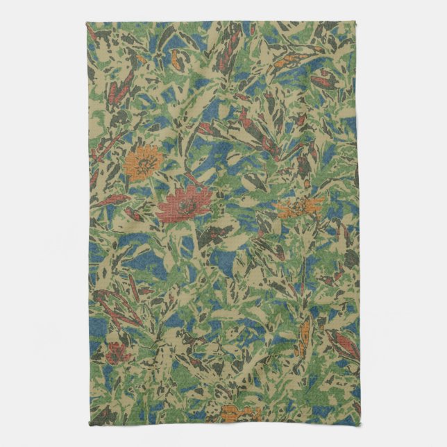 Flowers against leaf camouflage pattern tea towel (Vertical)
