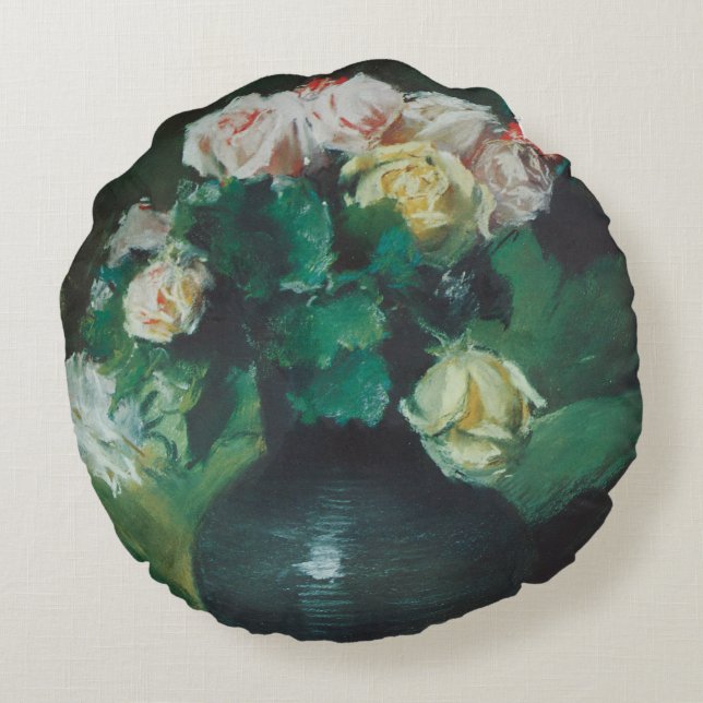 Flowers (aka Roses) by William Merritt Chase Round Cushion (Back)