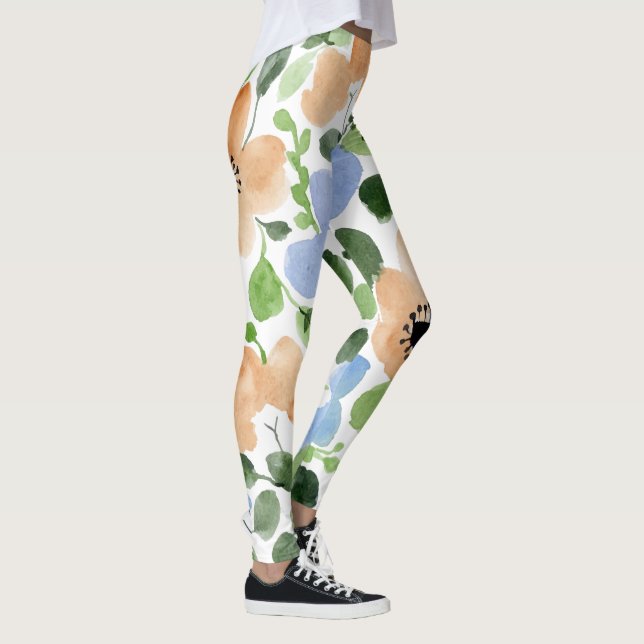 Flowers All Over, Peach, Blue, Green Watercolor Leggings (Right)