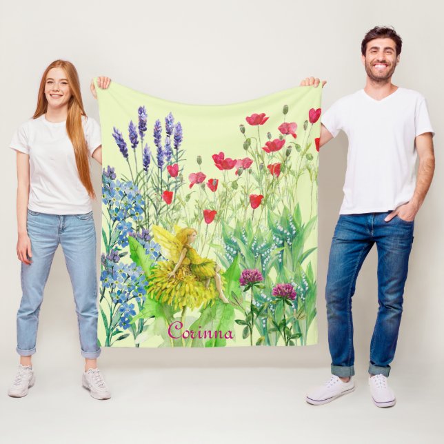 Flowers and a dandelion Fairy watercolor painting Fleece Blanket (In Situ)