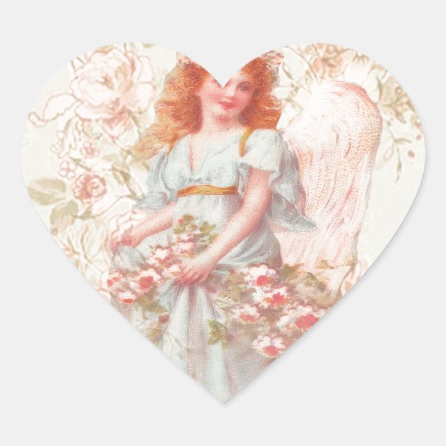 Flowers and Angel Vintage Collage Heart Sticker (Front)