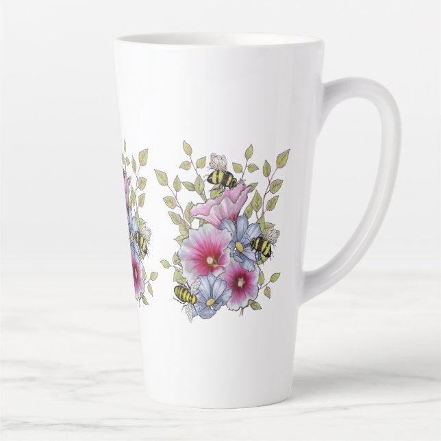 Flowers and Bees, Freehand Botanical Art Latte Mug (Right)
