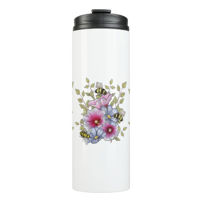 Flowers and Bees, Freehand Botanical Art Thermal Tumbler (Front)