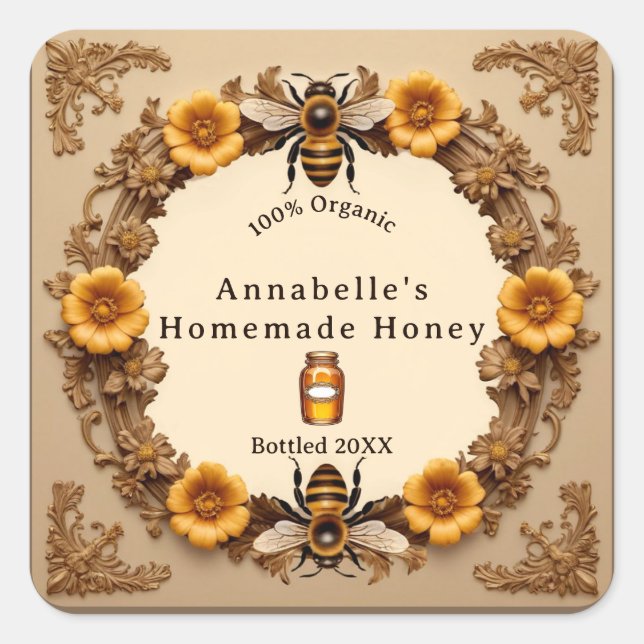 Flowers and Bees Homemade Honey Personalise Square Sticker (Front)