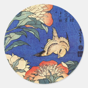 Flowers and Bird, Hokusai Classic Round Sticker