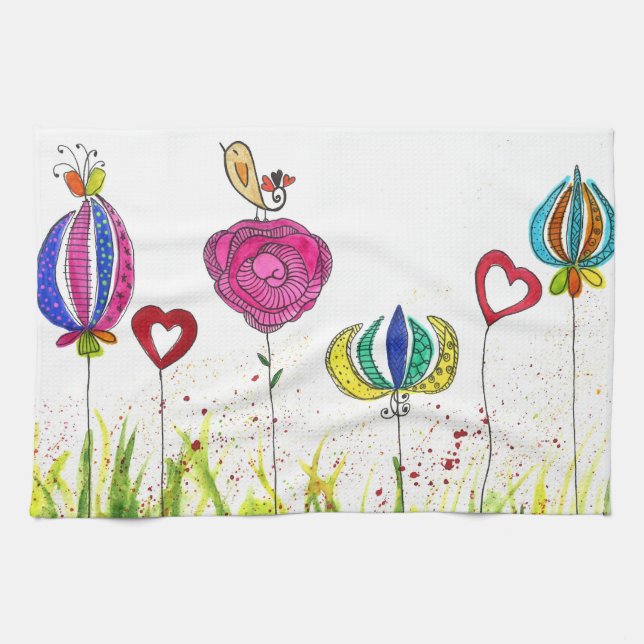 Flowers and Bird Kitchen Towel (Horizontal)