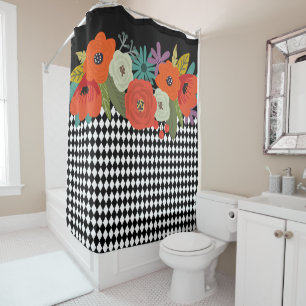 Flowers and black-white tiles Shower Curtain