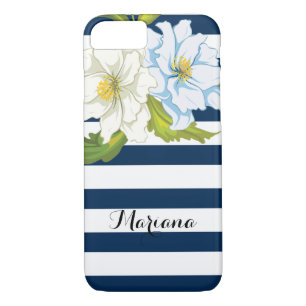 Flowers and blue, white stripes modern floral iPhone 8/7 case