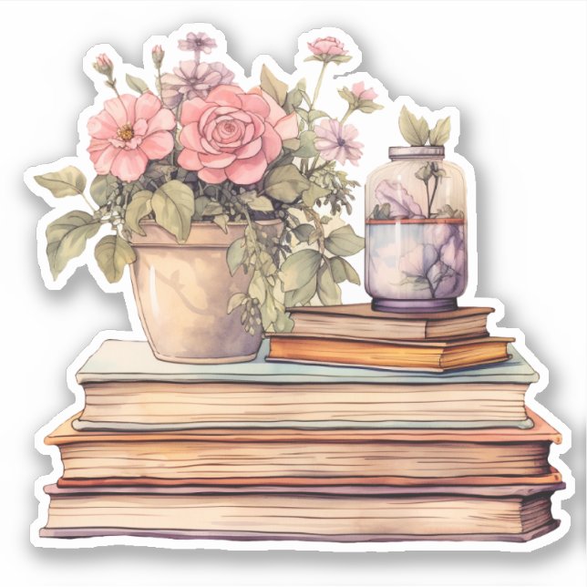 Flowers and Books Pastel Watercolor Sticker (Front)