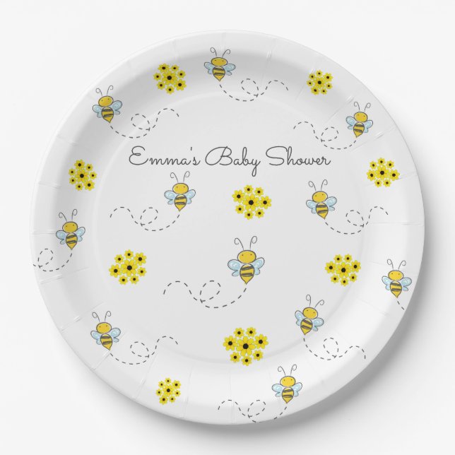 Flowers and Bumble Bees Baby Shower Paper Plate (Front)