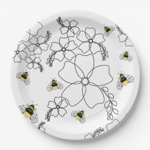Flowers and bumblebee in a minimalist style paper plate