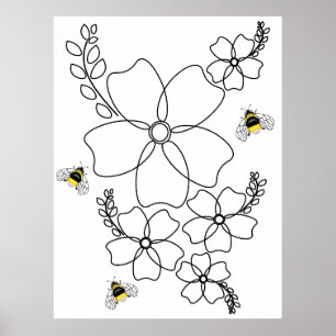 Flowers and bumblebee in a minimalist style poster