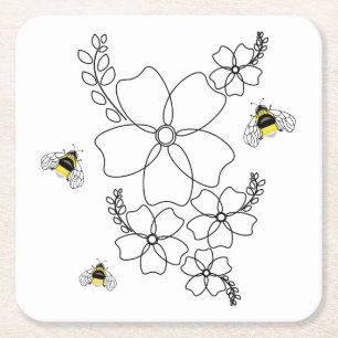 Flowers and bumblebee in a minimalist style square paper coaster
