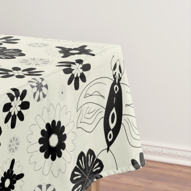 Flowers and butterflies black and white pattern tablecloth (In Situ)