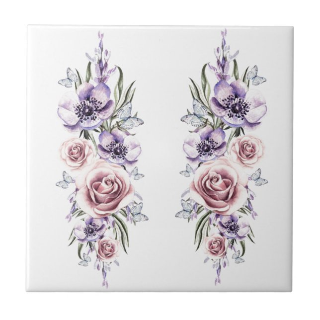 Flowers and Butterflies - Drawing Art - Vintage Tile (Front)