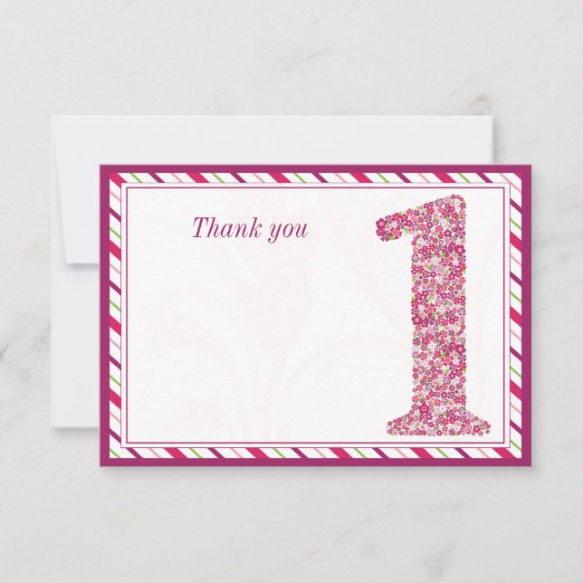 Flowers and butterflies first birthday thank you card (Front)