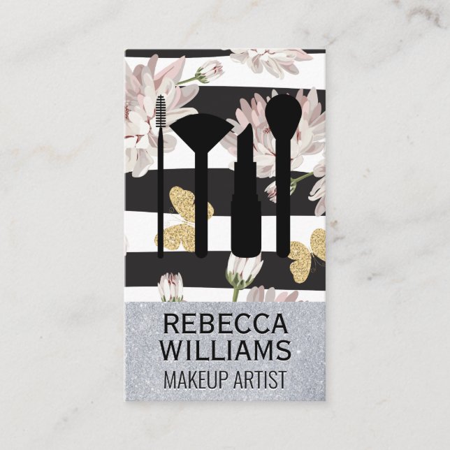 Flowers and Butterflies | Glitter Makeup Set Business Card (Front)