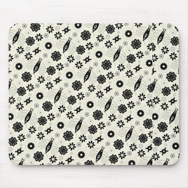 Flowers and butterflies pattern black and white mouse mat (Front)