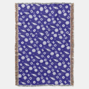 Flowers and butterflies pattern blue and white throw blanket