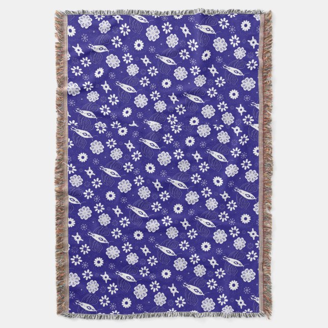 Flowers and butterflies pattern blue and white throw blanket (Front Vertical)