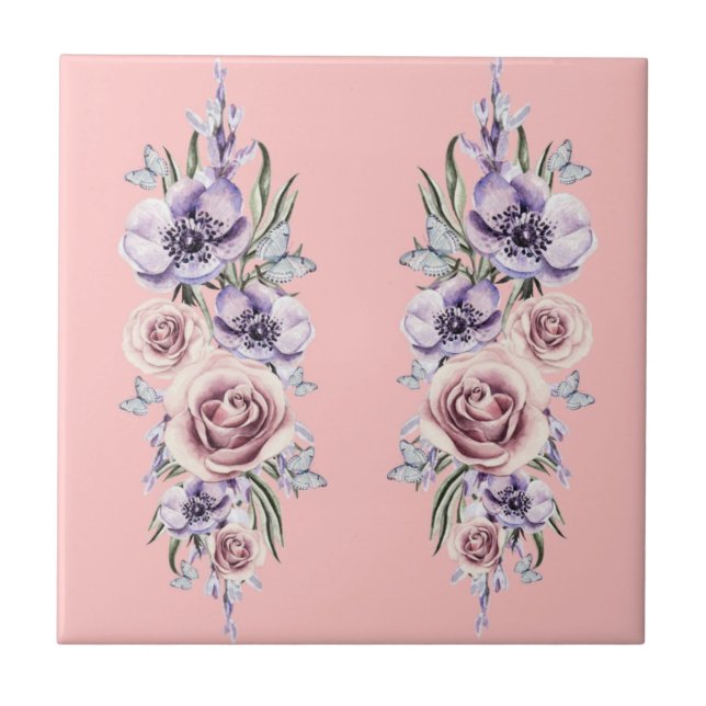 Flowers and Butterflies Pink Ceramic Tile Vintage (Front)