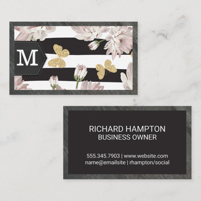  Flowers and Butterflies | Striped Business Card (Front/Back)