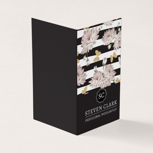 Flowers and Butterflies | Striped Business Card (Outside)