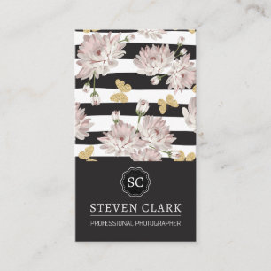 Flowers and Butterflies Striped Business Card