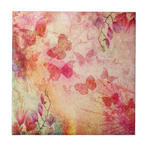 Flowers And Butterflies Watercolour, Ceramic Tile