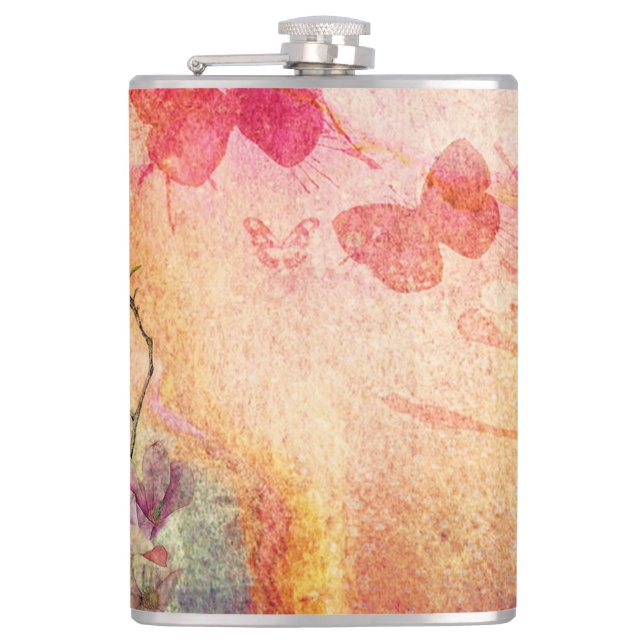 Flowers And Butterflies Watercolour, Hip Flask (Front)