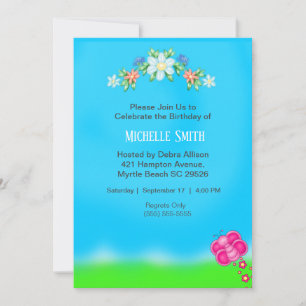 Flowers and Butterfly Birthday Invitations