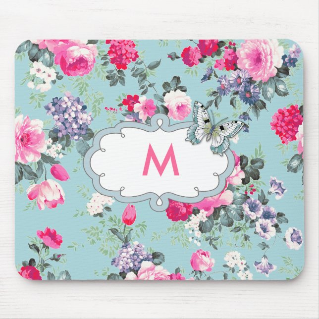 Flowers  and Butterfly | Custom Monogram Gift Mouse Mat (Front)