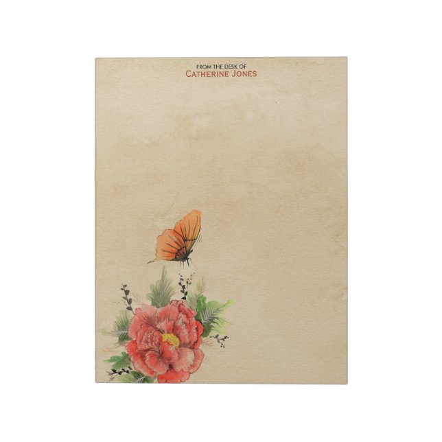 Flowers and Butterfly | Parchment | Vintage Paper Notepad (Rotated)