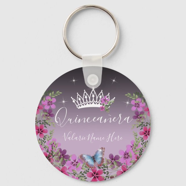 Flowers and Butterfly Princess Quinceanera Keychai Key Ring (Front)