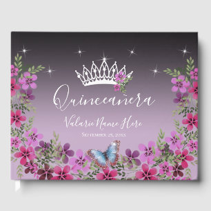 Flowers and Butterfly Princess Quinceanera Purple Guest Book