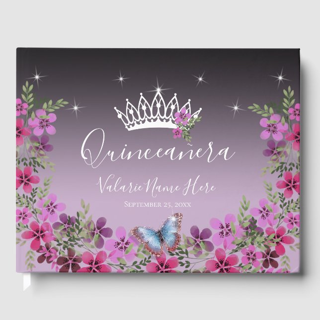 Flowers and Butterfly Princess Quinceanera Purple Guest Book (Front)