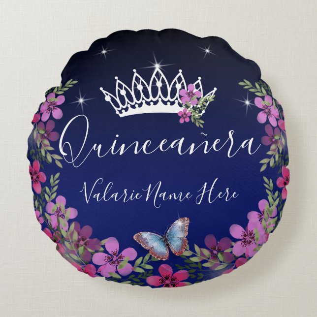 Flowers and Butterfly Quinceanera Blue Round Cushion (Front)