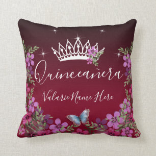 Flowers and Butterfly Quinceanera Burgundy Cushion