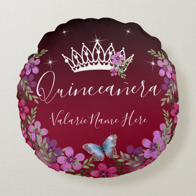 Flowers and Butterfly Quinceanera Burgundy Round Cushion (Front)