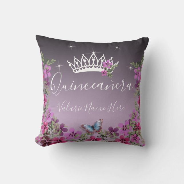 Flowers and Butterfly Quinceanera Purple Cushion (Front)