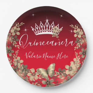 Flowers and Butterfly Quinceanera Red Gold Paper Plate